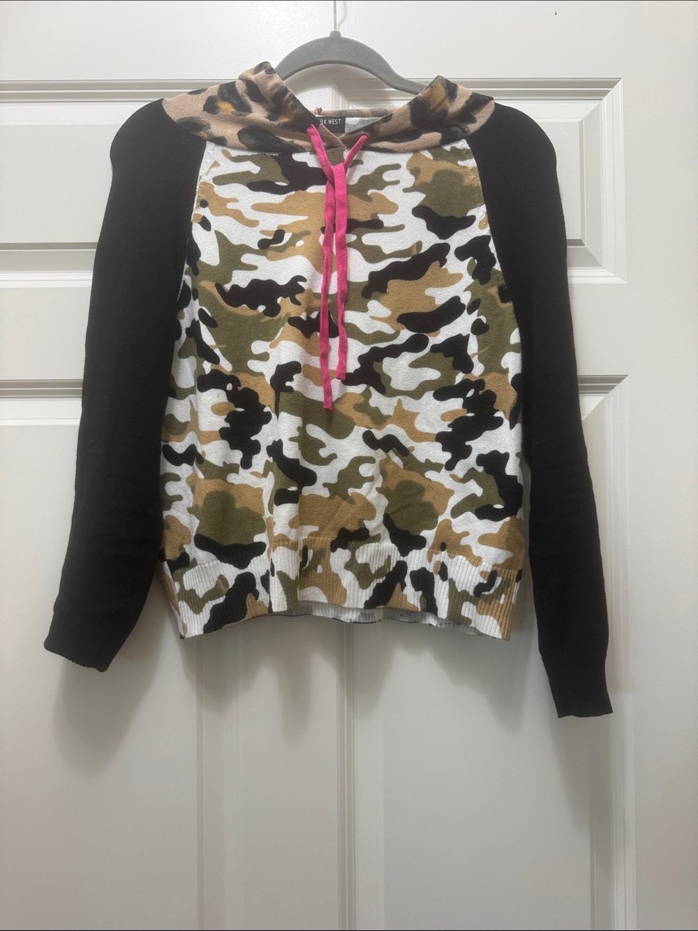 Central Park West Camo Hooded Sweater with Black Sleeves and Pink Drawstring